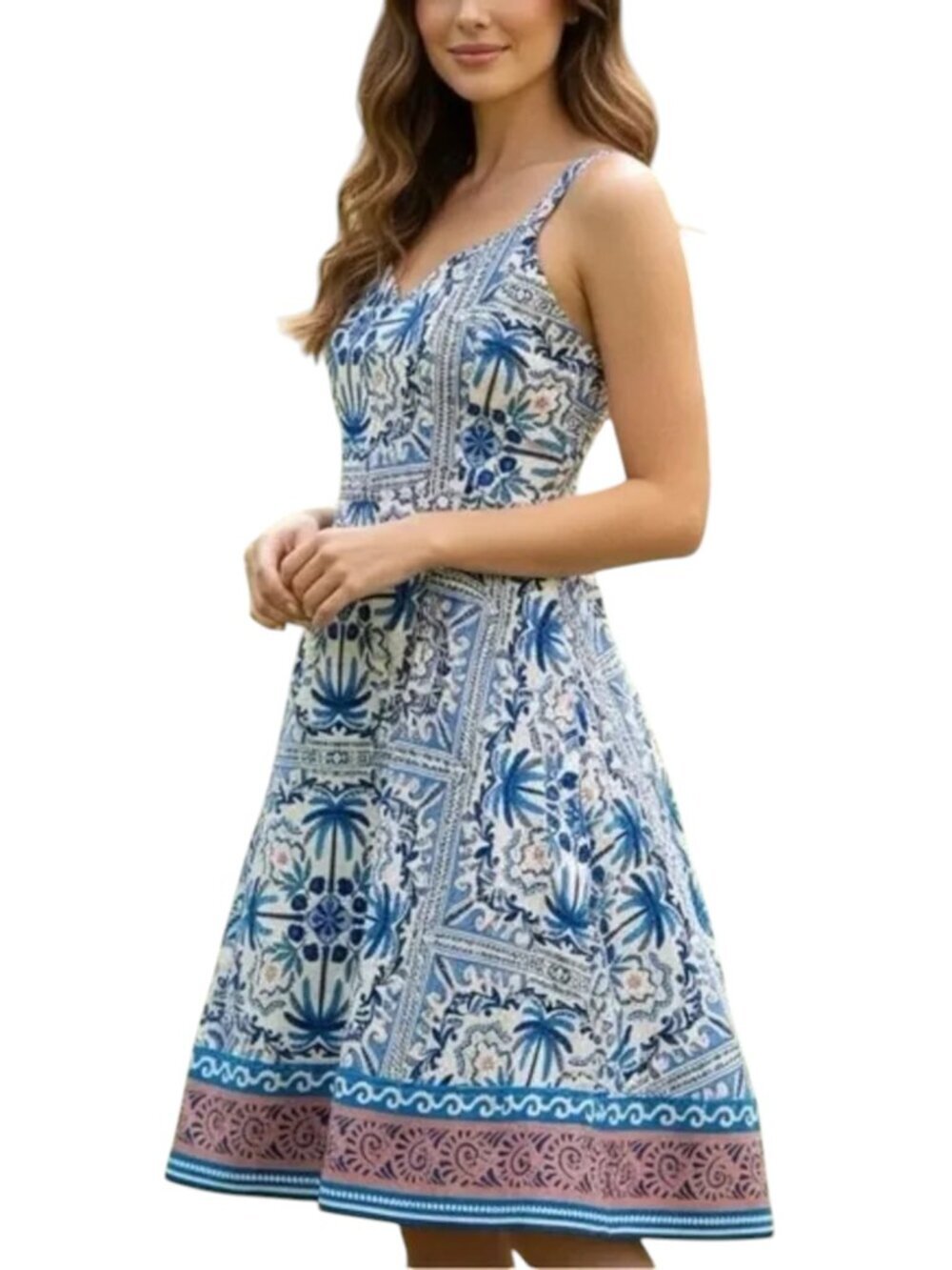 Avec Les Filles Blue Palm Tropical Print Dress